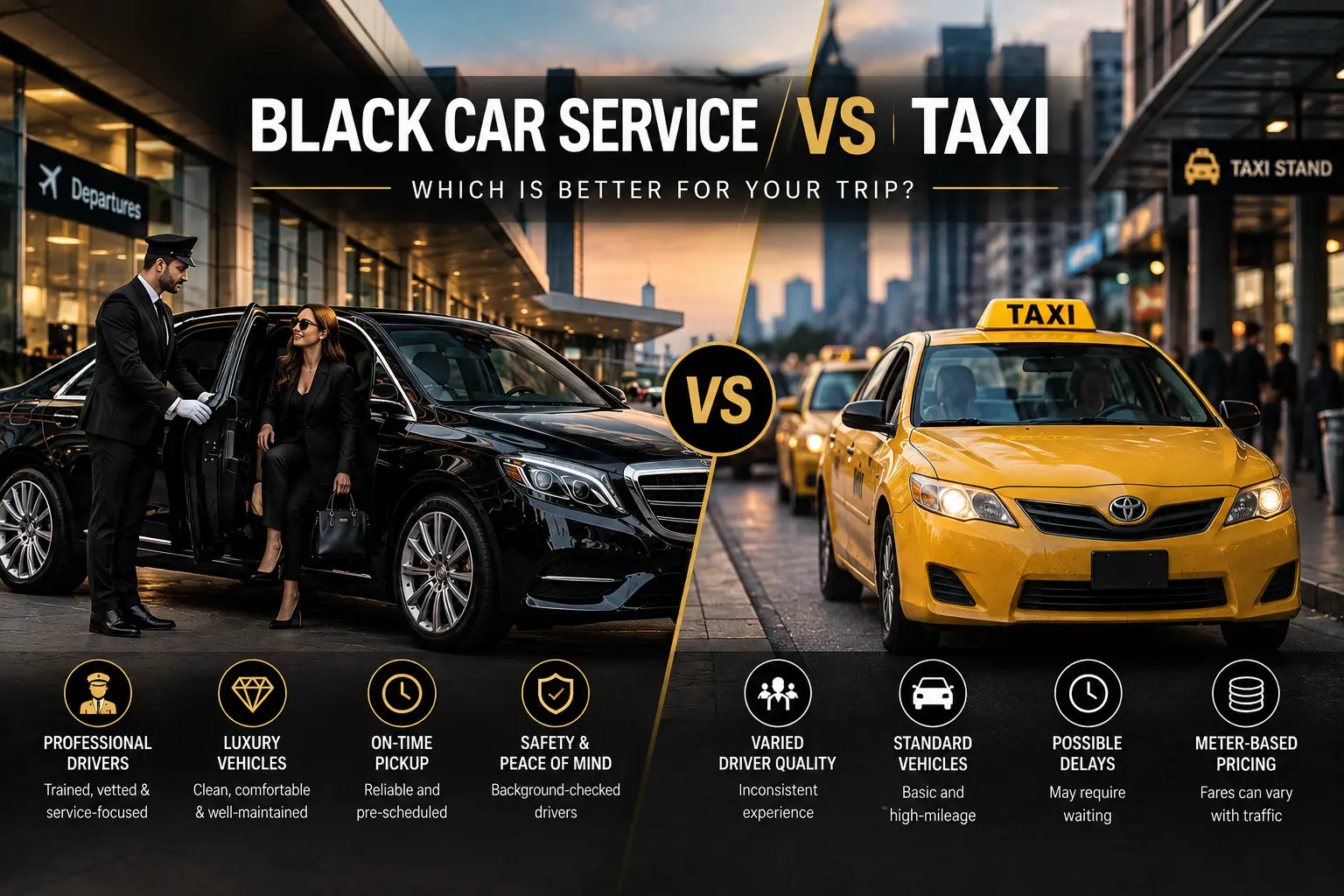 Black car service vs taxi comparison showing luxury chauffeur service and traditional yellow taxi