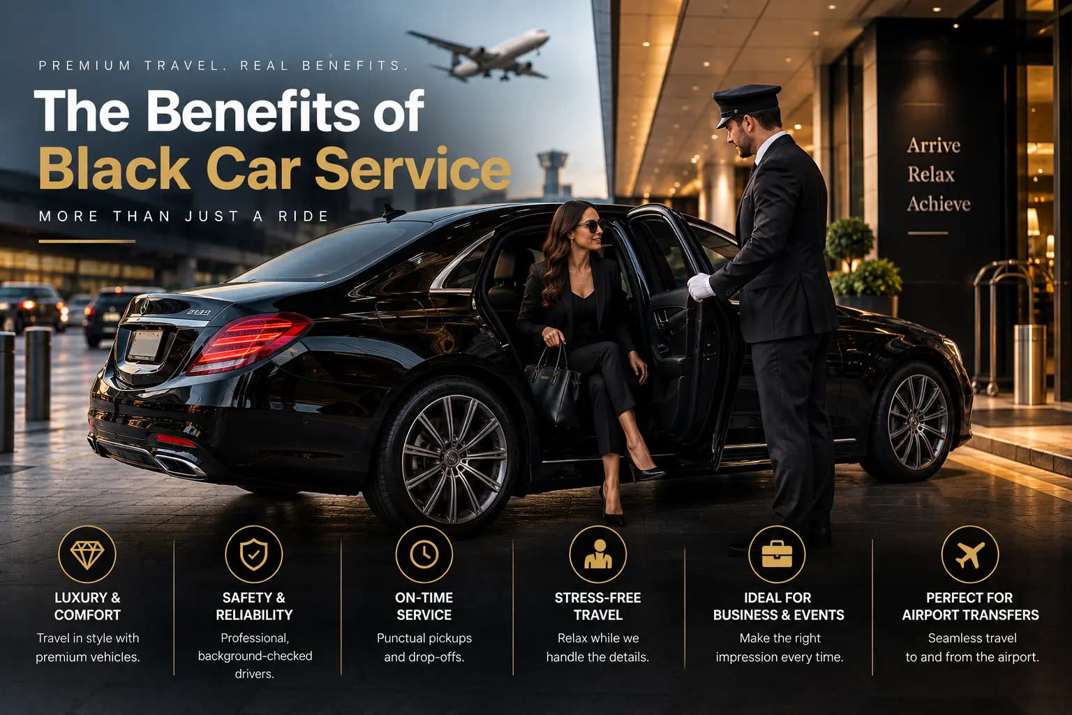 Benefits of black car service including luxury comfort, professional chauffeur, safety, reliability and airport transportation