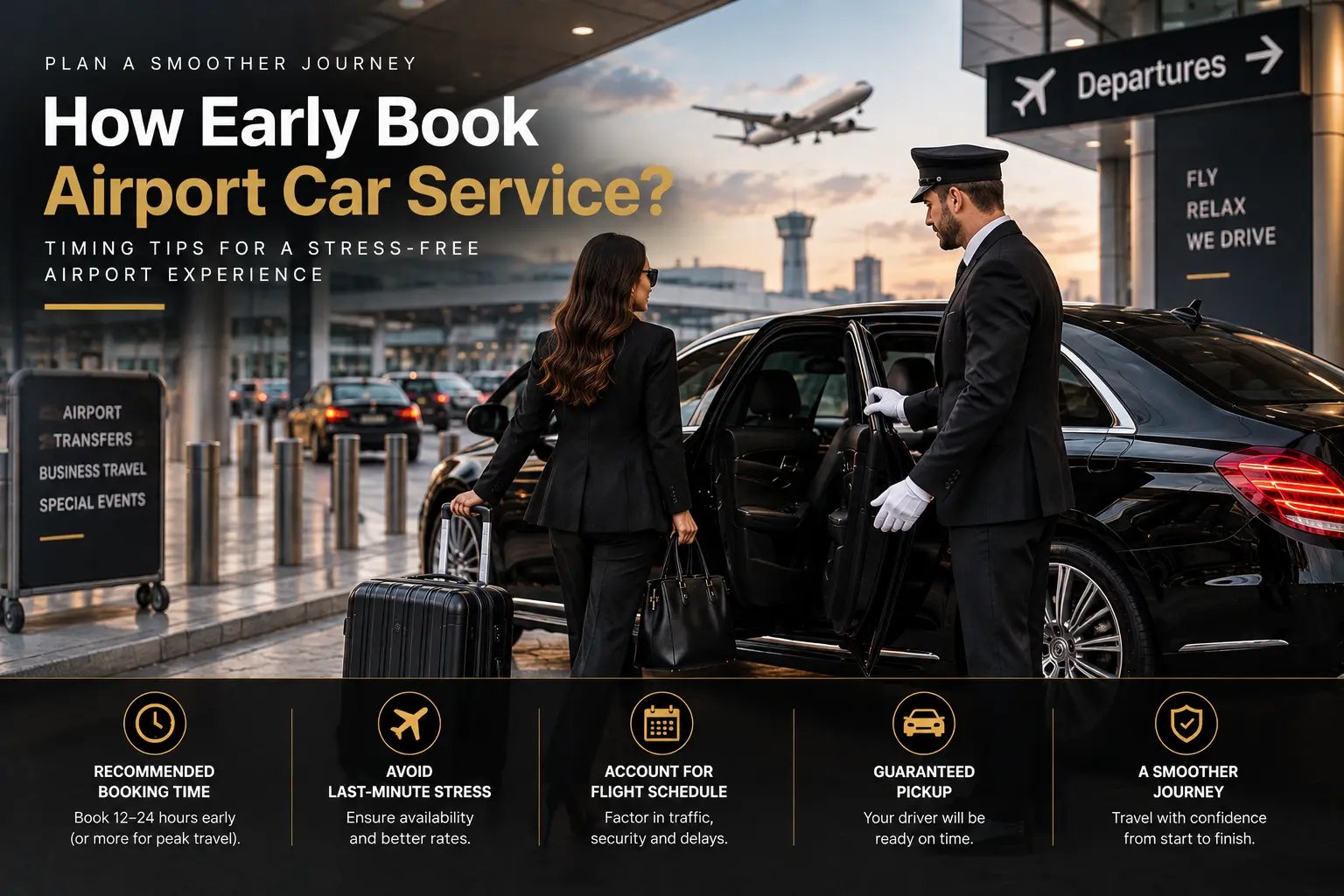 How early to book airport car service with professional chauffeur, luxury black car and airport transfer