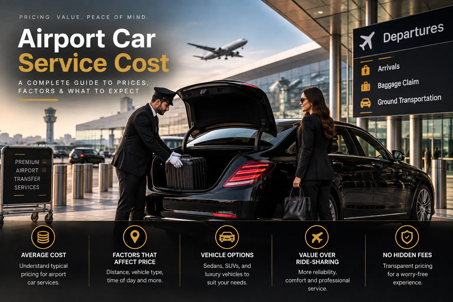 Airport car service cost guide showing luxury black car, professional chauffeur and airport transfer pricing factors