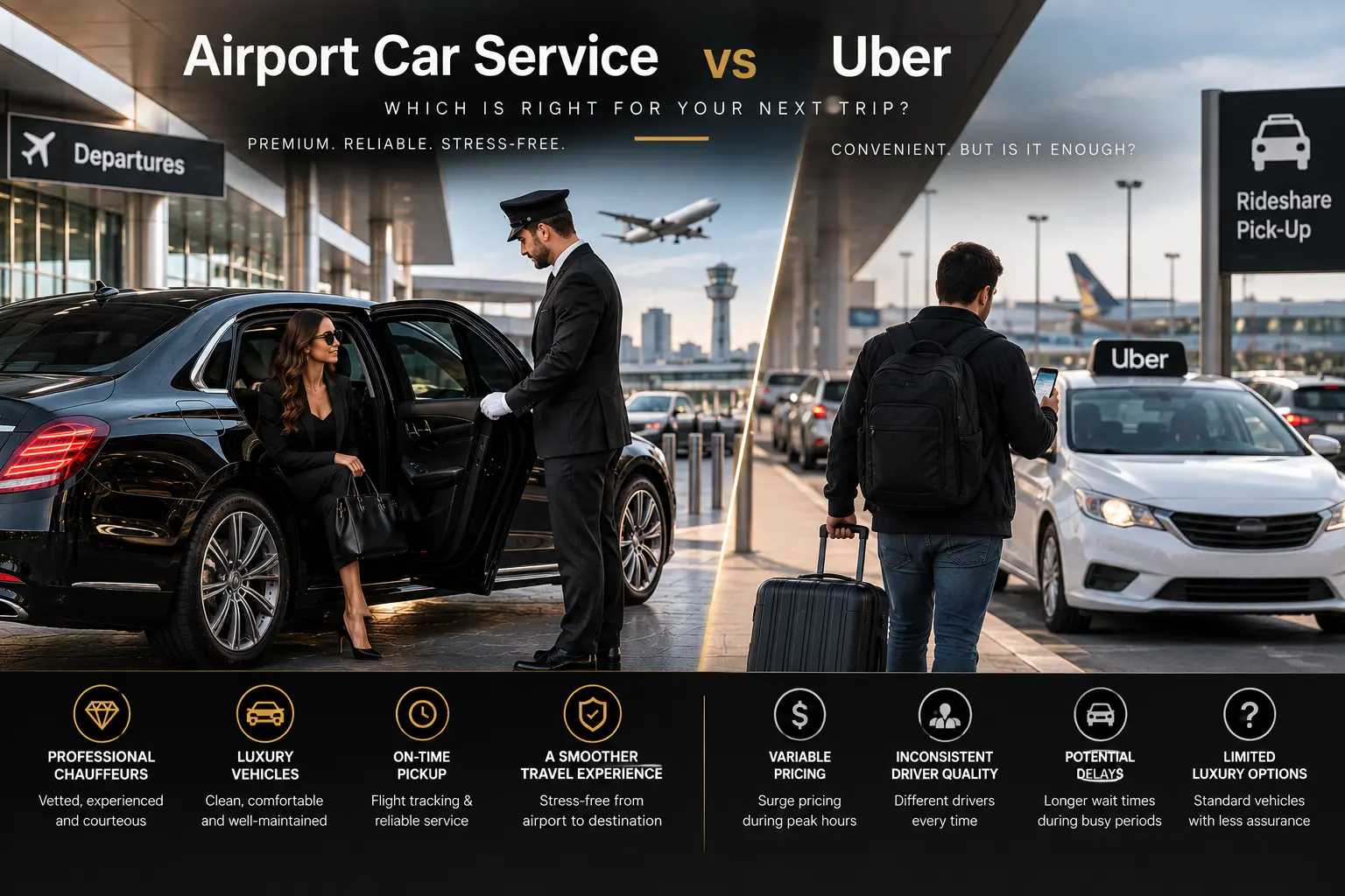 Airport car service vs Uber comparison showing professional chauffeur, luxury black car and rideshare airport pickup