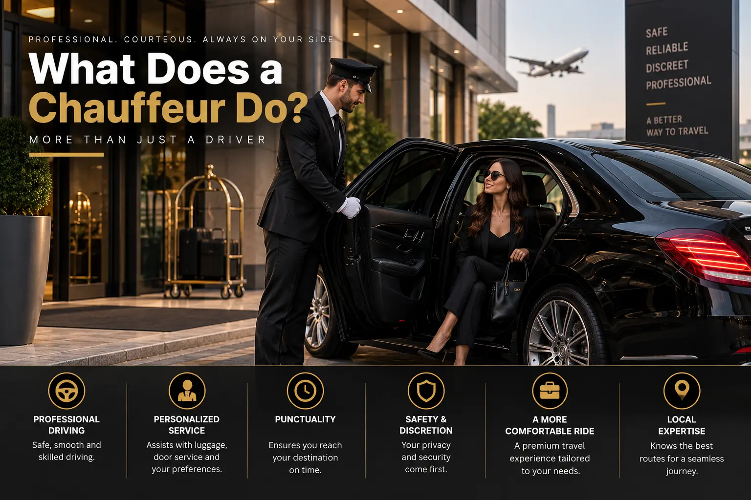 What does a chauffeur do showing professional chauffeur providing luxury black car service, punctuality, safety and personalized transportation