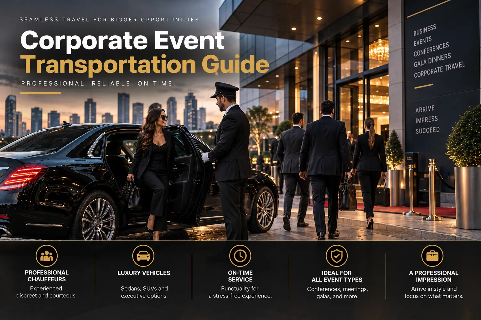 Corporate event transportation guide showing professional chauffeur, luxury black car and business event travel service