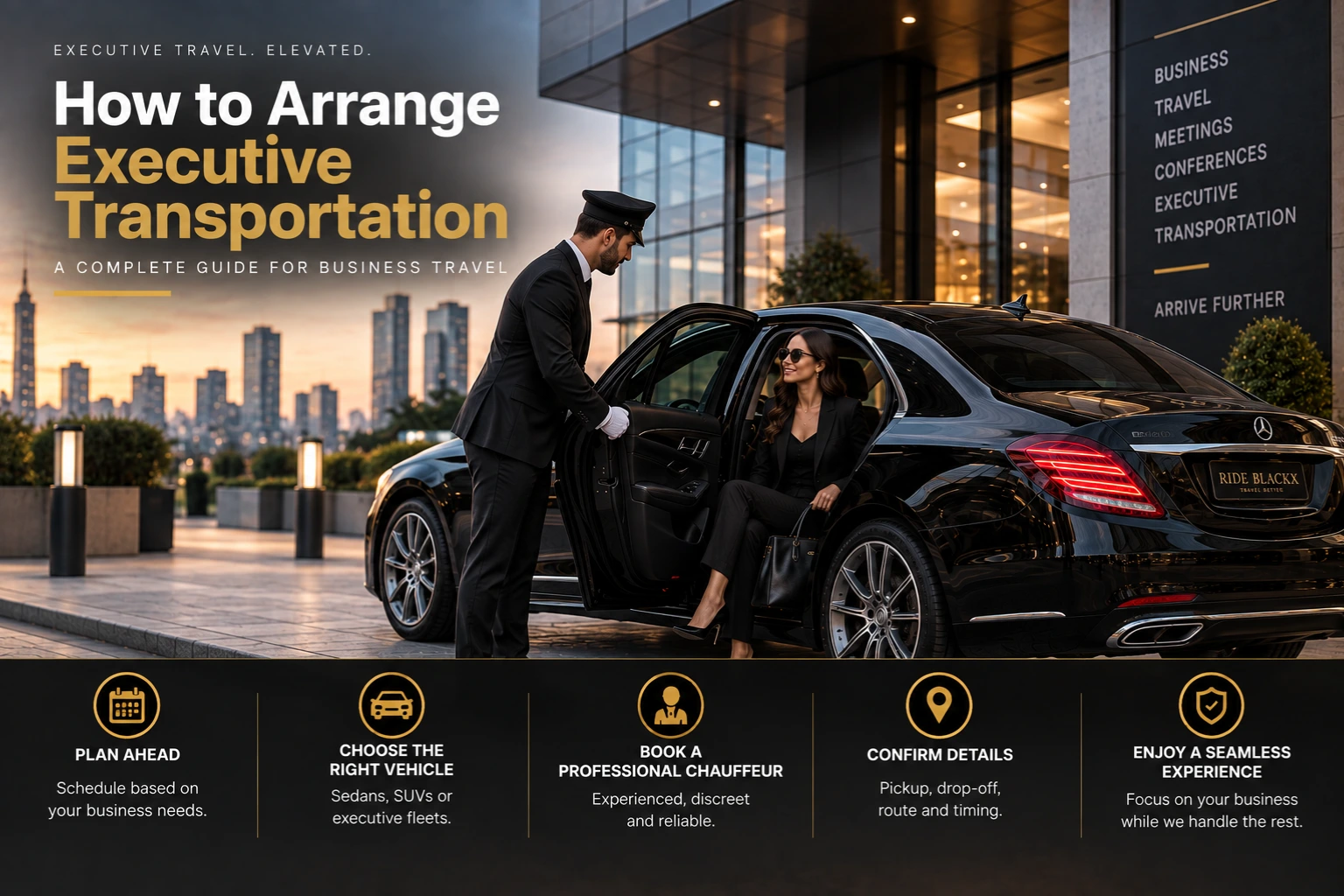 How to arrange executive transportation with professional chauffeur, luxury black car and corporate business travel service