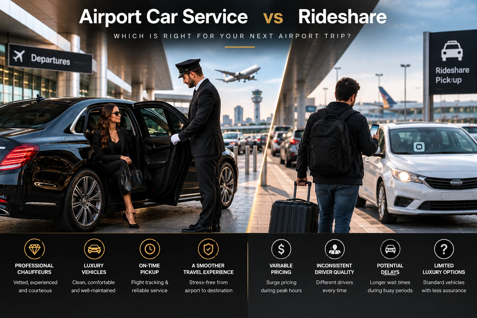 Airport car service vs rideshare comparison showing professional chauffeur, luxury black car and rideshare airport pickup