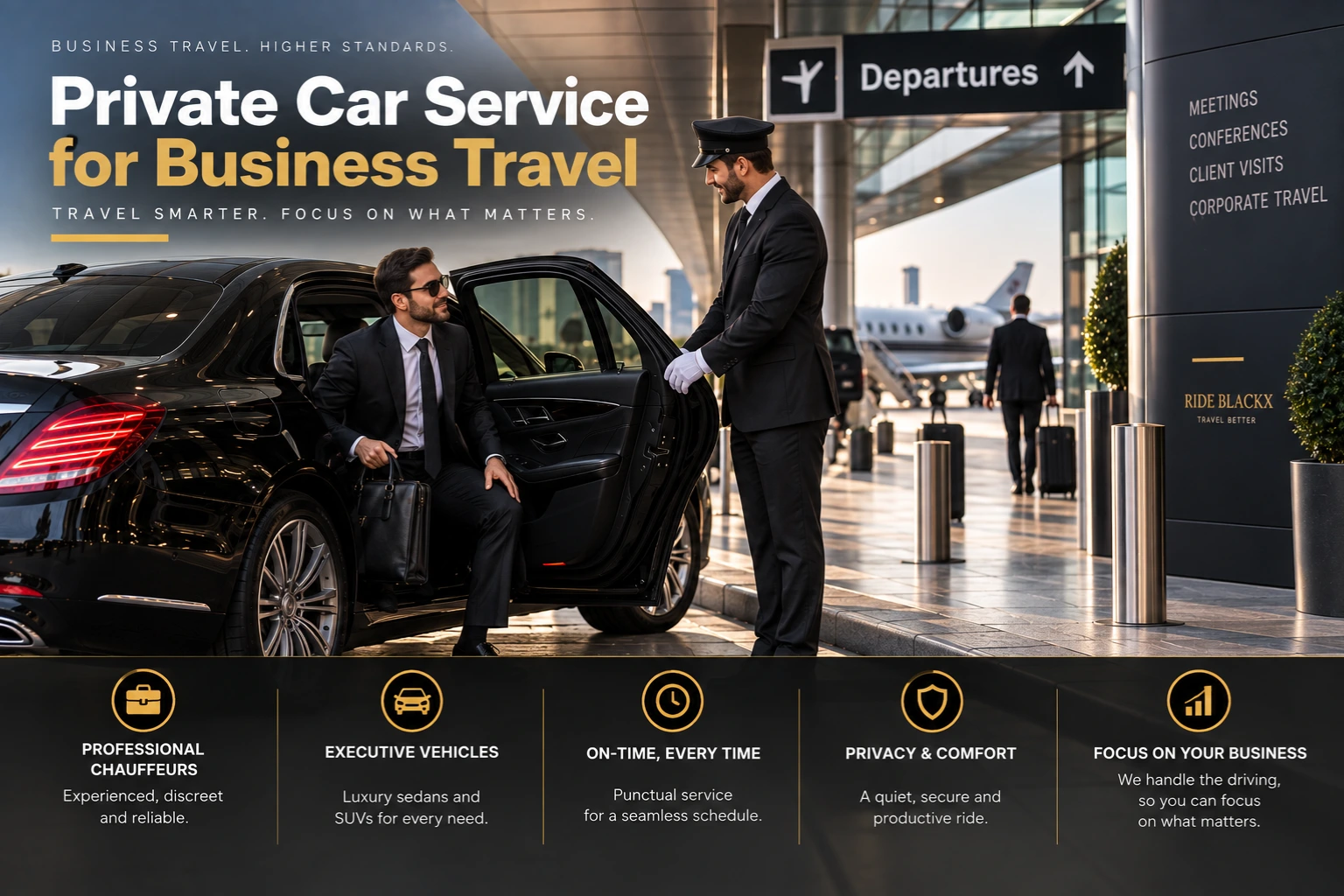 Private car service for business travel with professional chauffeur, executive black car and corporate airport transportation