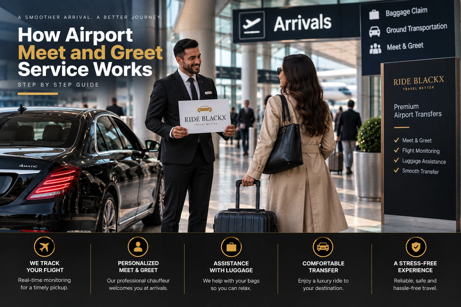 How airport meet and greet service works with professional chauffeur, flight monitoring, luggage assistance and luxury airport transfer