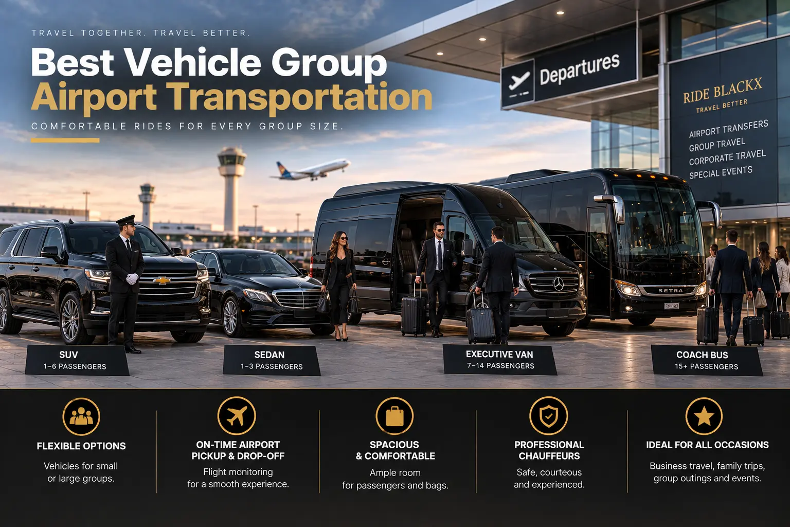 Best vehicle for group airport transportation with luxury SUV, sedan, executive van and coach bus for group travel