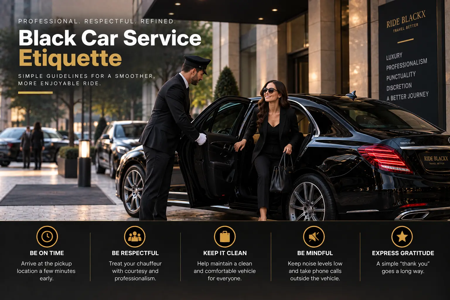 Black car service etiquette showing professional chauffeur, luxury vehicle and passenger following proper chauffeur service etiquette